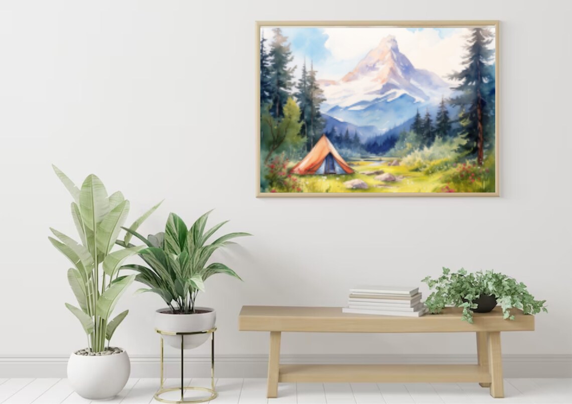 Rocky Mountains Painting Tent Camp At The Foot Of Lone Eagle Peak In Colorado Watercolor Art Print Rocky Mountain Pine Forest And Meadow Art - Image 3