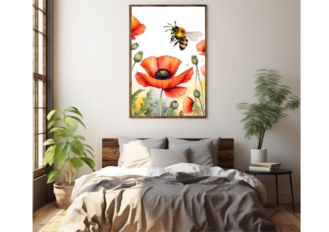 Red Poppy Flowers Bumblebee White Watercolor Botanical Poster - Image 3