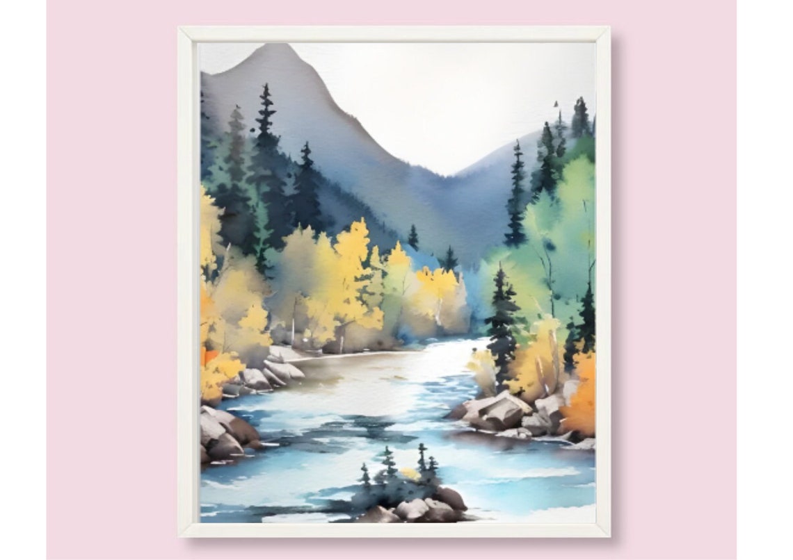 Autumn River Valley With Golden Aspens And Pine Trees Watercolor Print - Image 6