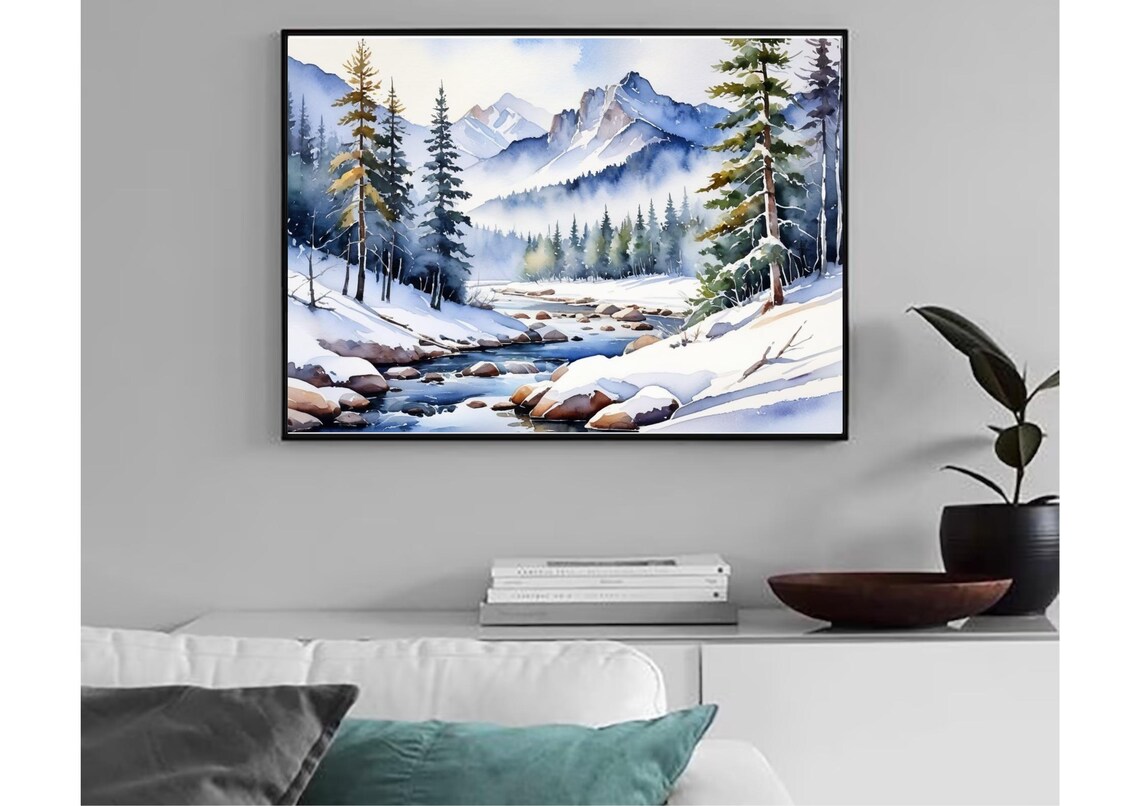 Rocky Mountains Watercolor Art Print, Winter Landscape - Image 6
