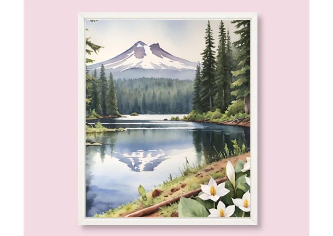 Trillium Lake Watercolor Art Print, Mt Hood Oregon - Image 6