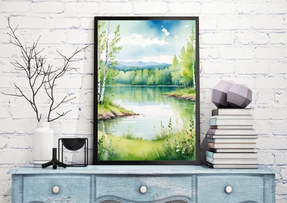 Birch Forest Mountain Lake Watercolor Summer Landscape Art Poster - Image 3