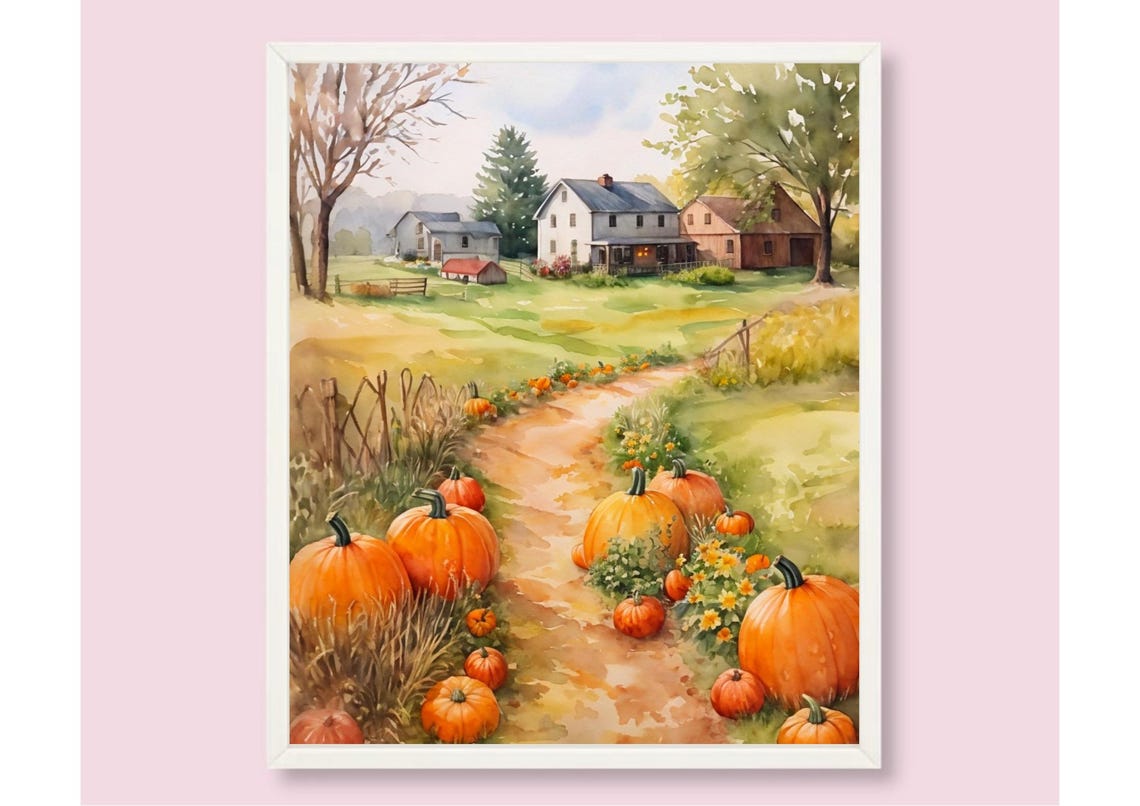 Farm Watercolor Painting Pumpkins Patch Art Print Autumn Farm Landscape Wall Art Barn Painting Country Farmhouse Autumn Landscape Artwork - Image 6