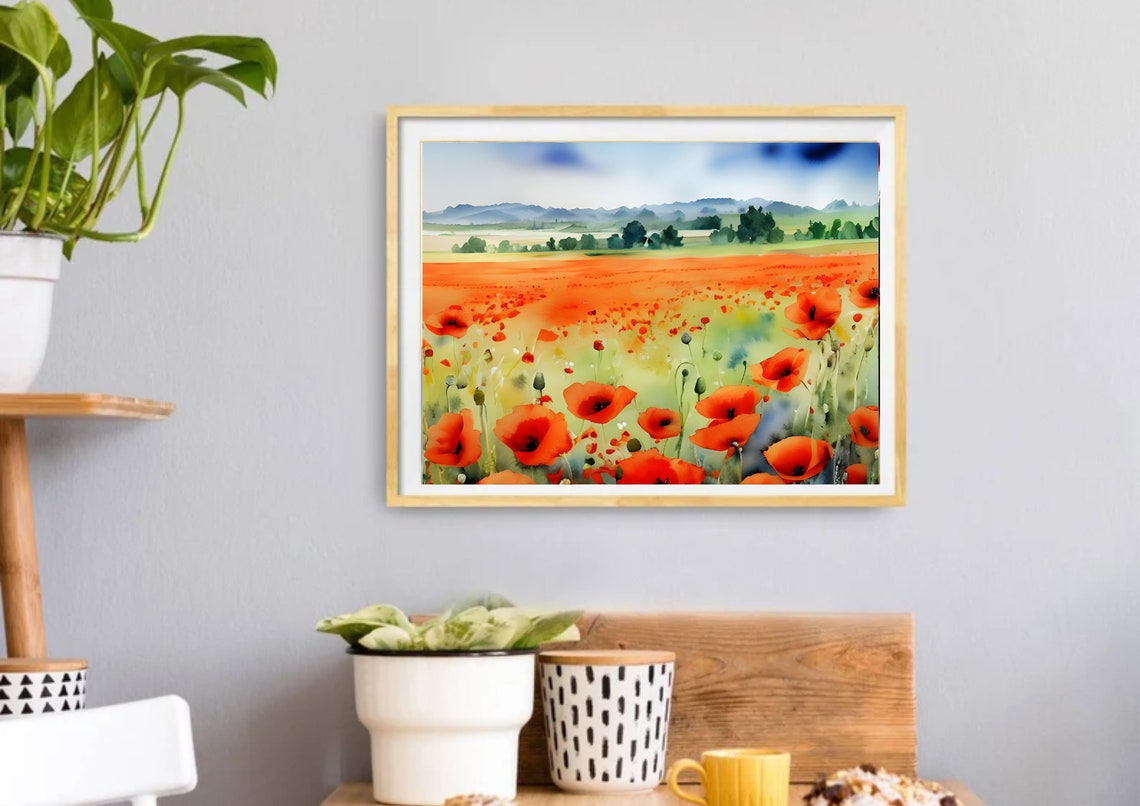 Poppies Field Watercolor Painting California Poppy Print Poppies Meadow Print Flowers Field Wall Art Panoramic Country Field Landscape Art - Image 5