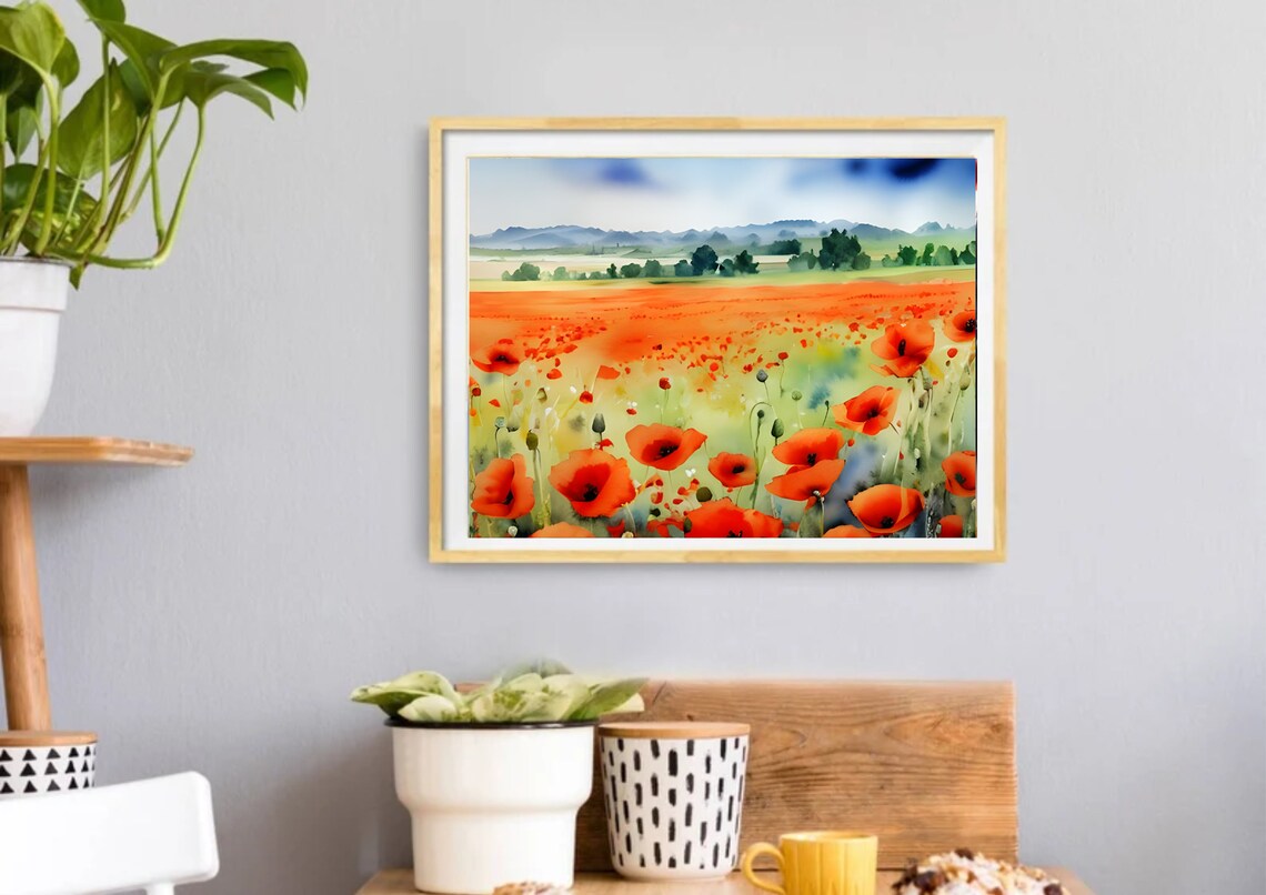 Vibrant Red Poppy Field Under Blue Sky Watercolor Floral Art Poster - Image 5