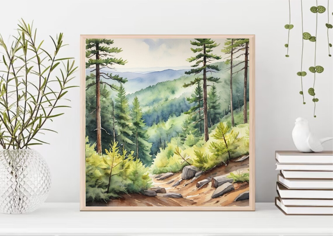 Appalachian Mountains Watercolor Art Print, Misty Pine Forest - Image 4