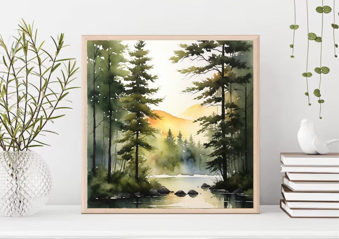 Glowing Sunrise Pine Forest Lake Watercolor Reflection Poster - Image 2