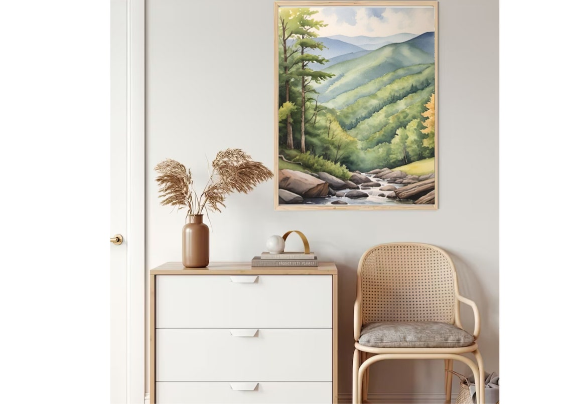 Appalachian Misty Green Mountain Valley Stream Watercolor Poster - Image 2