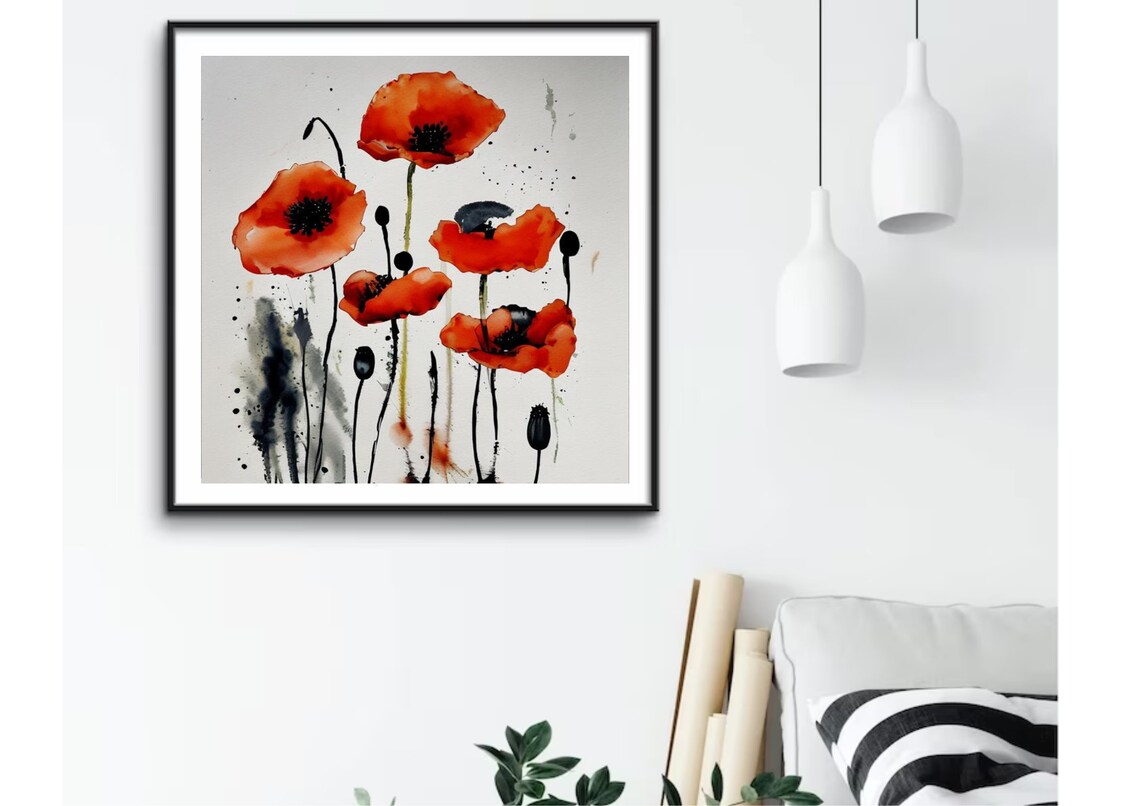 Red Poppies Watercolor With Tall Black Ink Stems and Buds Poster - Image 4