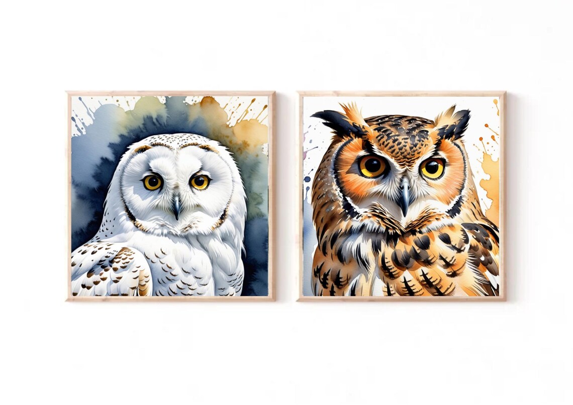 White Owl Portrait With Golden Eyes On Blue Splash Watercolor Poster - Image 3