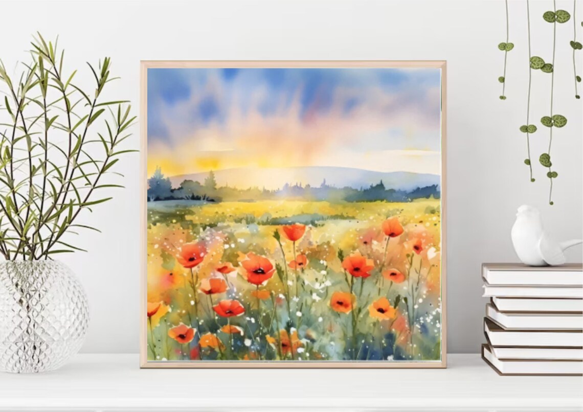 Poppy Field Sunset Watercolor Meadow Art Print - Image 2