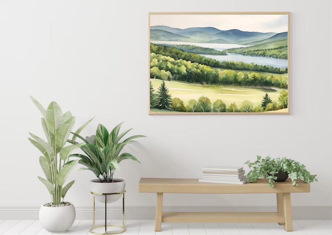 Peaceful Green Mountain Lake Watercolor Forest Landscape Poster - Image 3