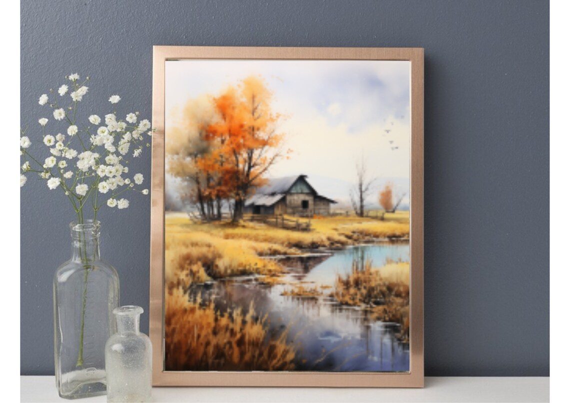 Golden Autumn Barn By Still Pond With Fiery Orange Tree Art Poster - Image 2