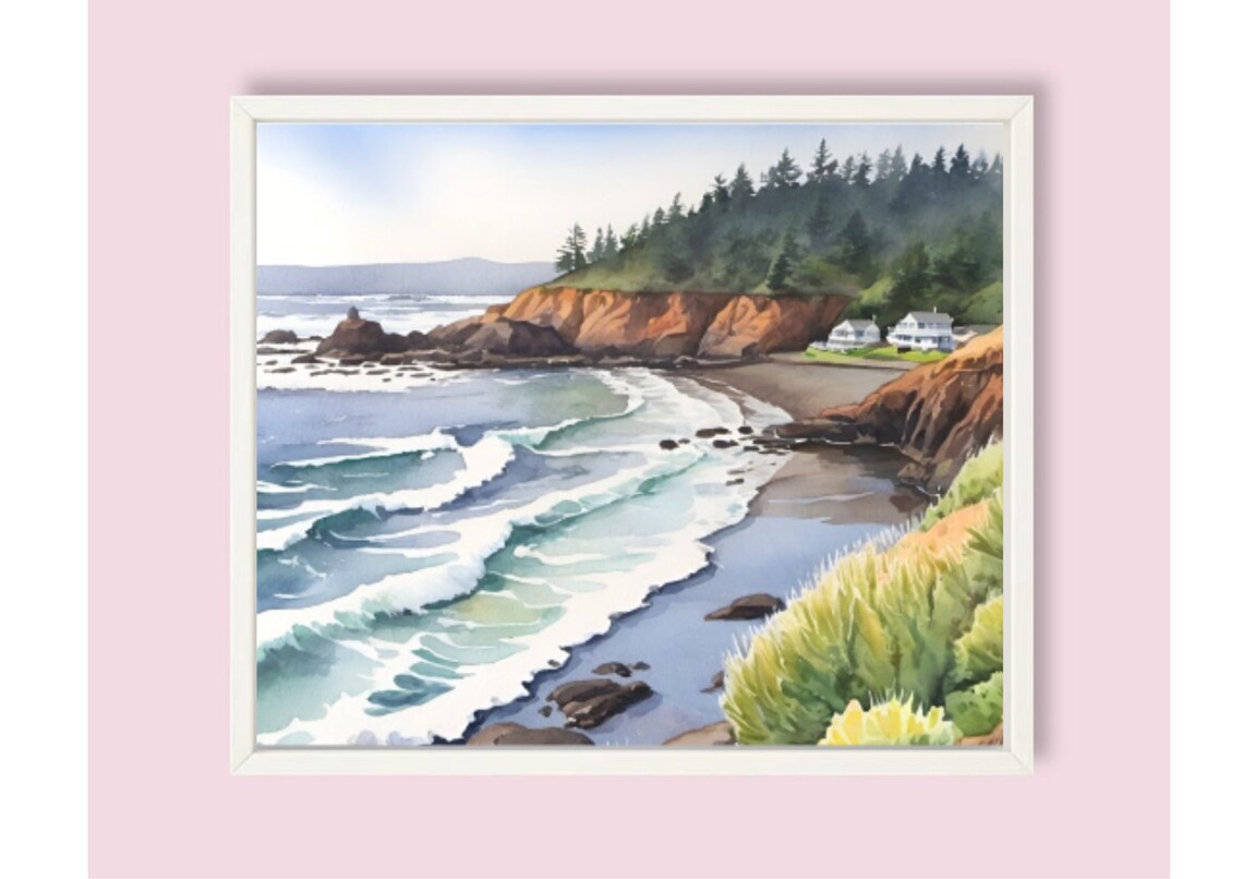 Oregon Coast Rocky Cliffs Beach Houses Watercolor Seascape Poster - Image 6
