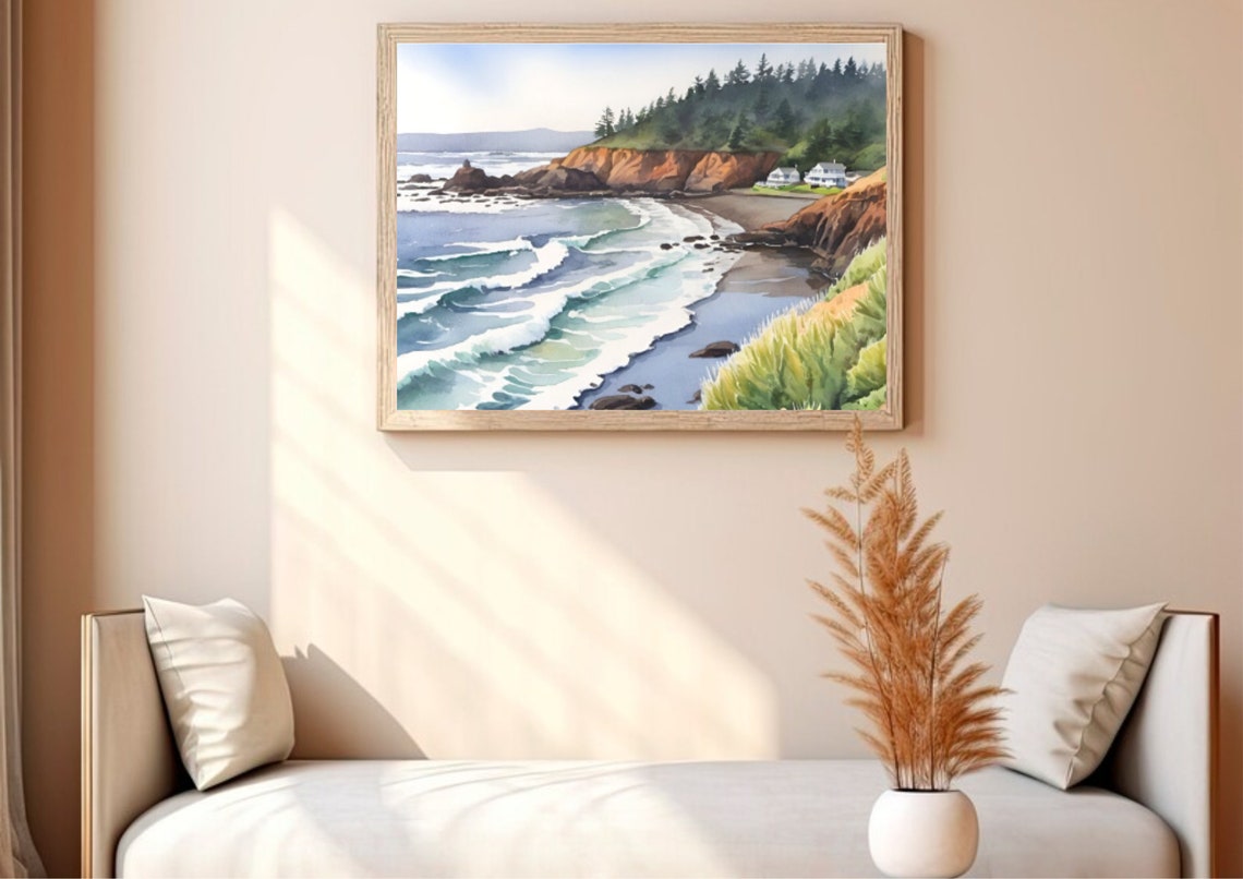 Oregon Coast Rocky Cliffs Beach Houses Watercolor Seascape Poster - Image 4
