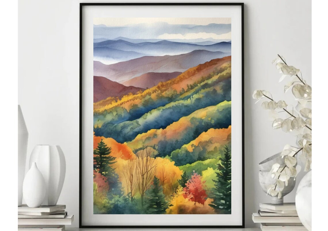 Smoky Mountains Autumn Landscape, Watercolor Art Print - Image 6