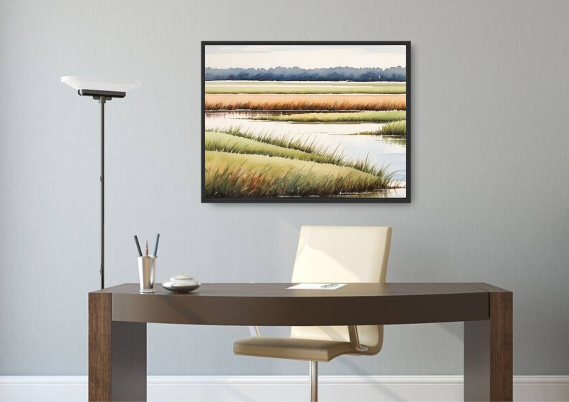Louisiana Marsh Grass Water Watercolor Panoramic Wetland Art Poster - Image 2