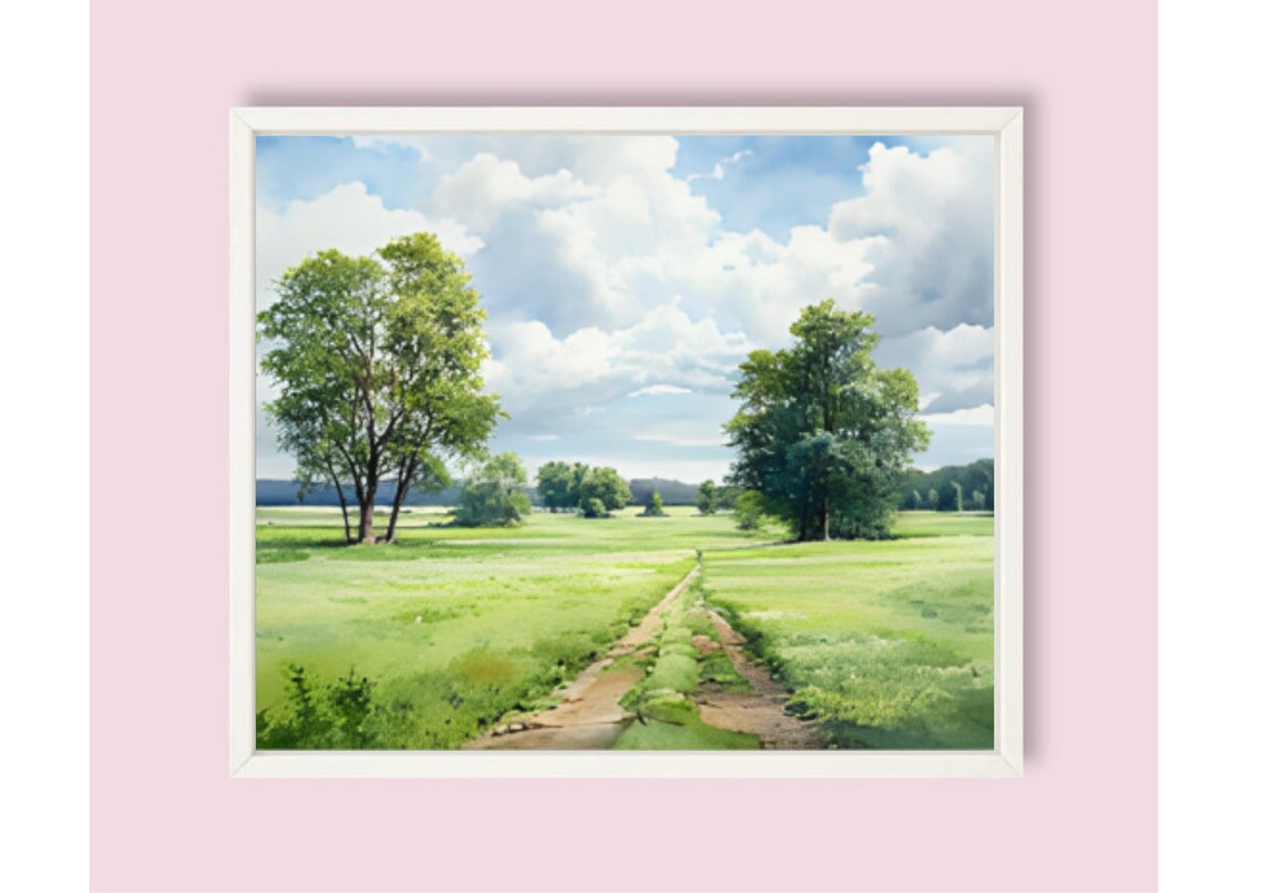 Sunny Green Meadow Path Between Two Grand Trees Watercolor Wall Art - Image 6