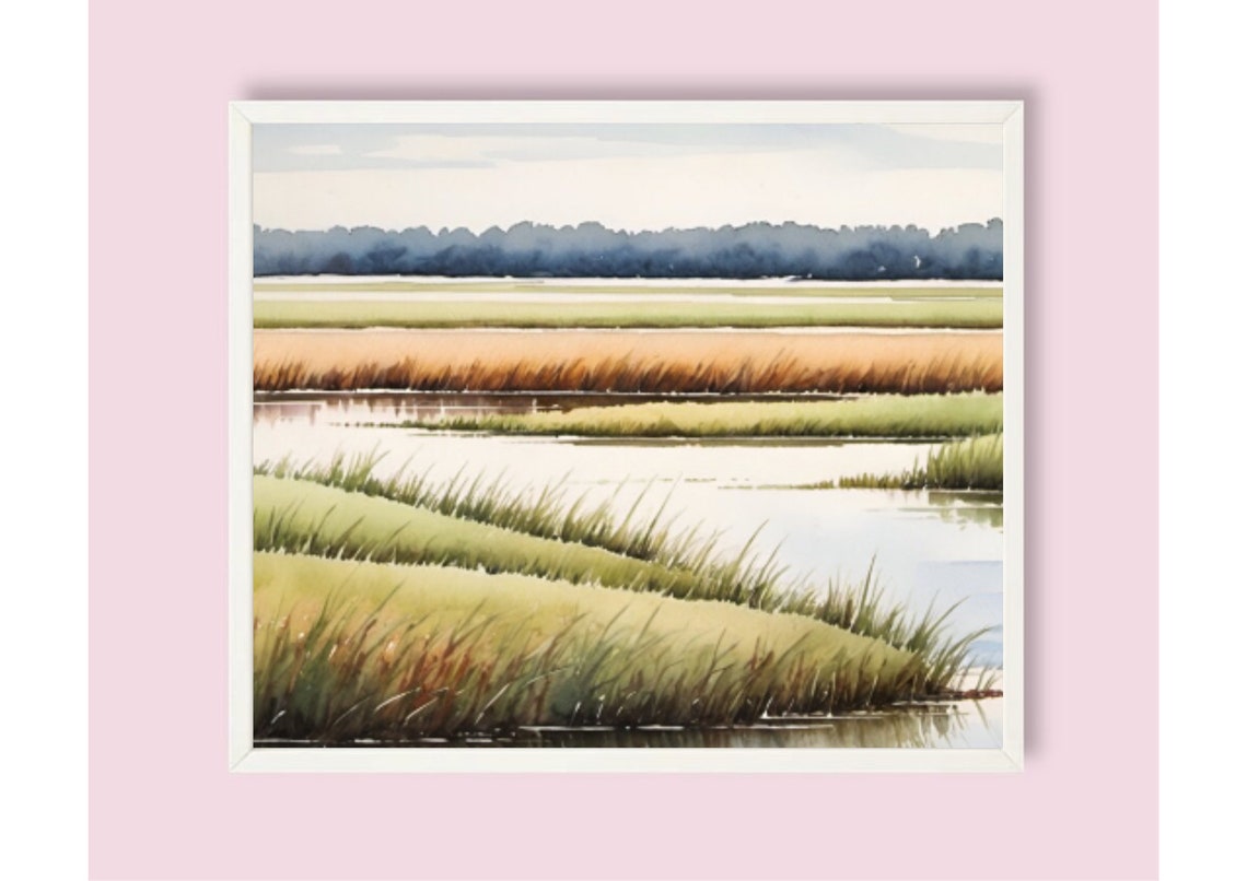 Louisiana Marsh Grass Water Watercolor Panoramic Wetland Art Poster - Image 6