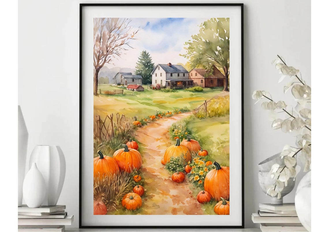 Farm Watercolor Painting Pumpkins Patch Art Print Autumn Farm Landscape Wall Art Barn Painting Country Farmhouse Autumn Landscape Artwork - Image 4