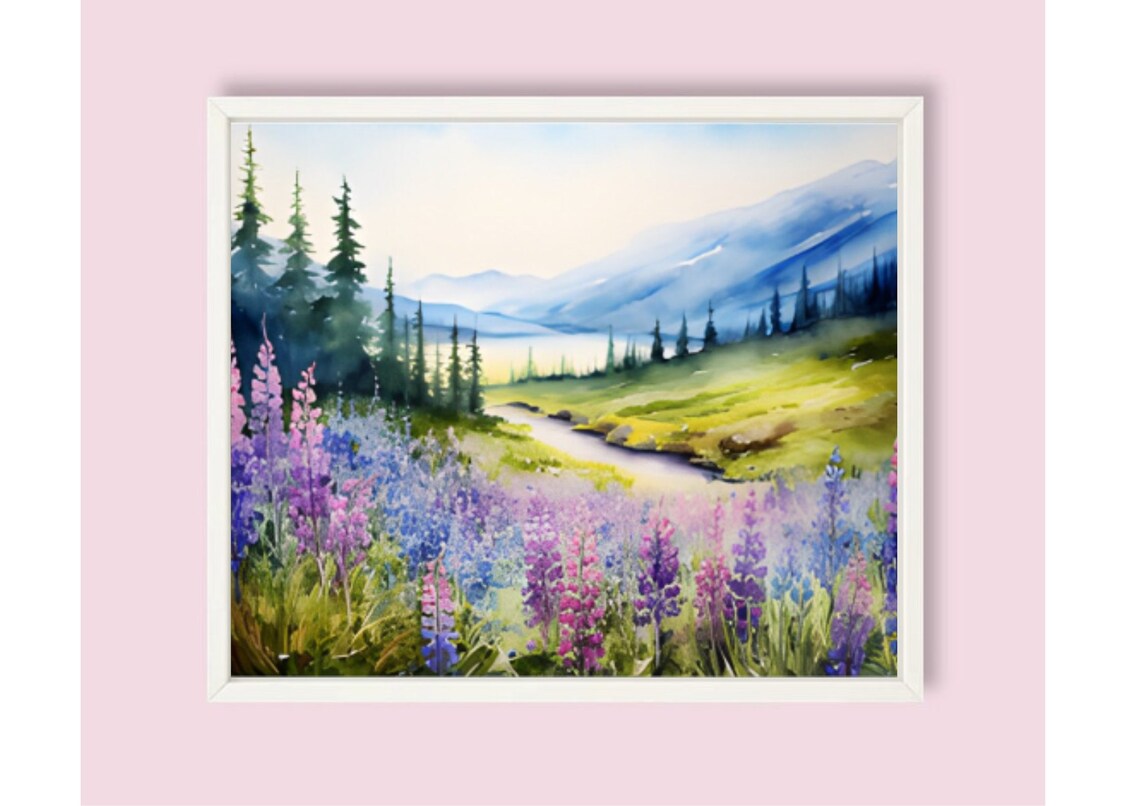Purple And Pink Lupine Meadow By River Valley Watercolor Floral Poster - Image 6