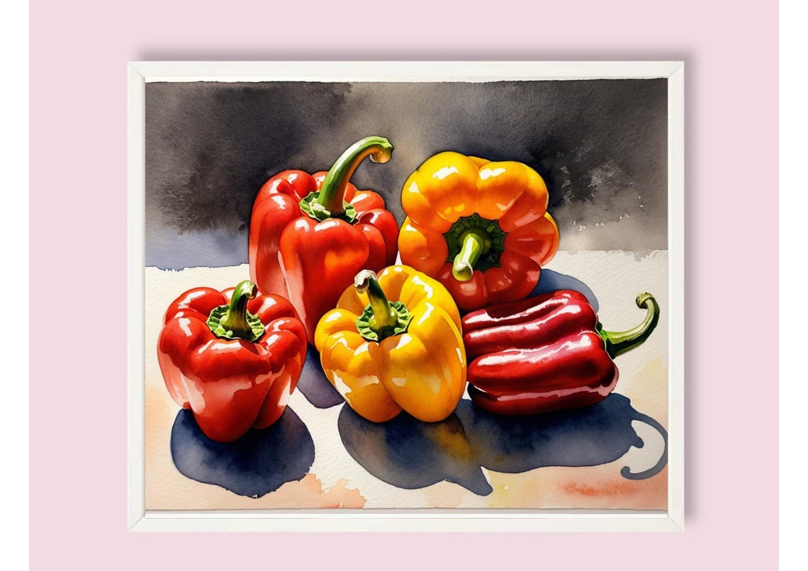 Red And Yellow Bell Peppers Group Watercolor Kitchen Still Life Poster - Image 6