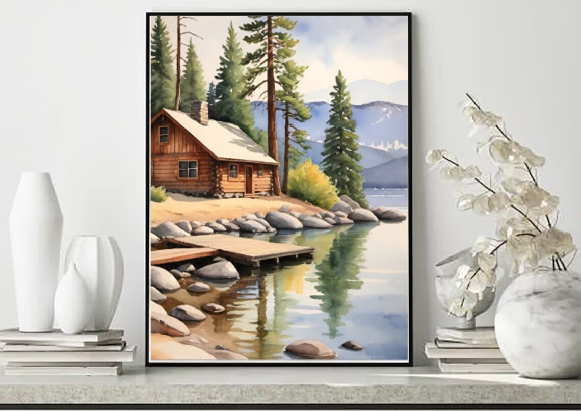 Forest Cabin Painting Tahoe Lake Watercolor Art Print California Mountain Forest Landscape Wall Art Pine Trees Art Watercolor Mountain Lake - Image 5