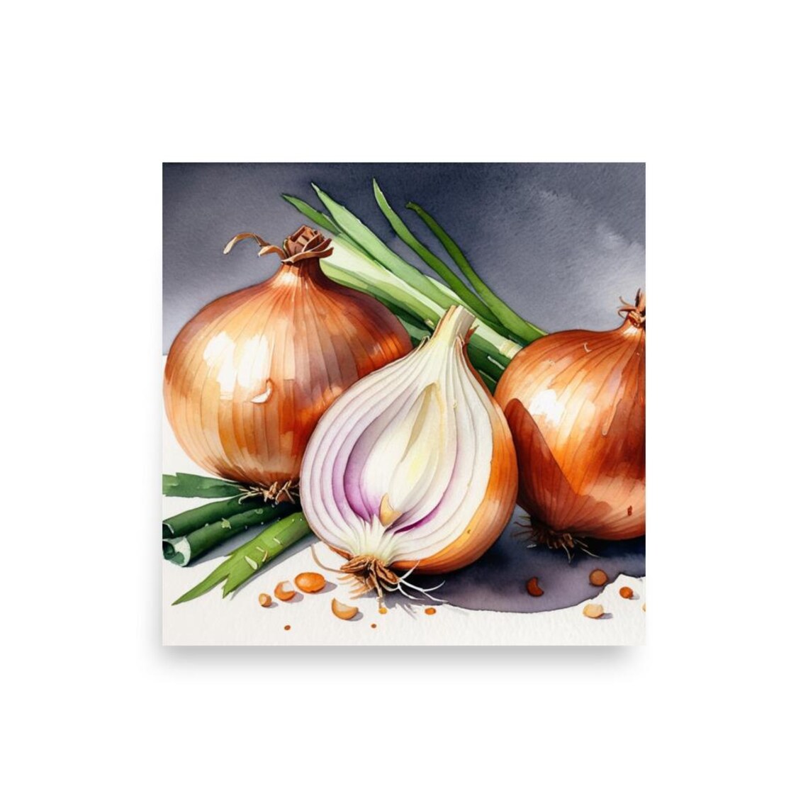 Golden Onions One Halved With Green Stalks Watercolor Kitchen Poster - Image 6