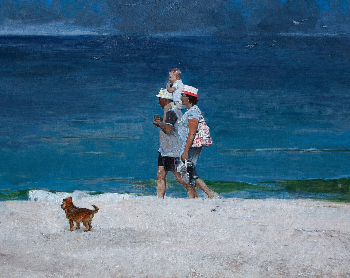 Family Walk on the Beach, Coastal Seaside Scene - Image 3