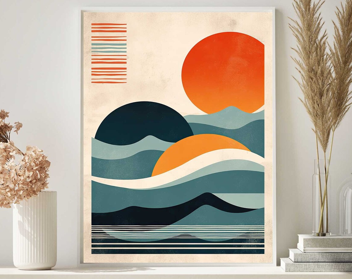 Mid Century Modern Abstract Ocean Sunset With Retro Waves Poster