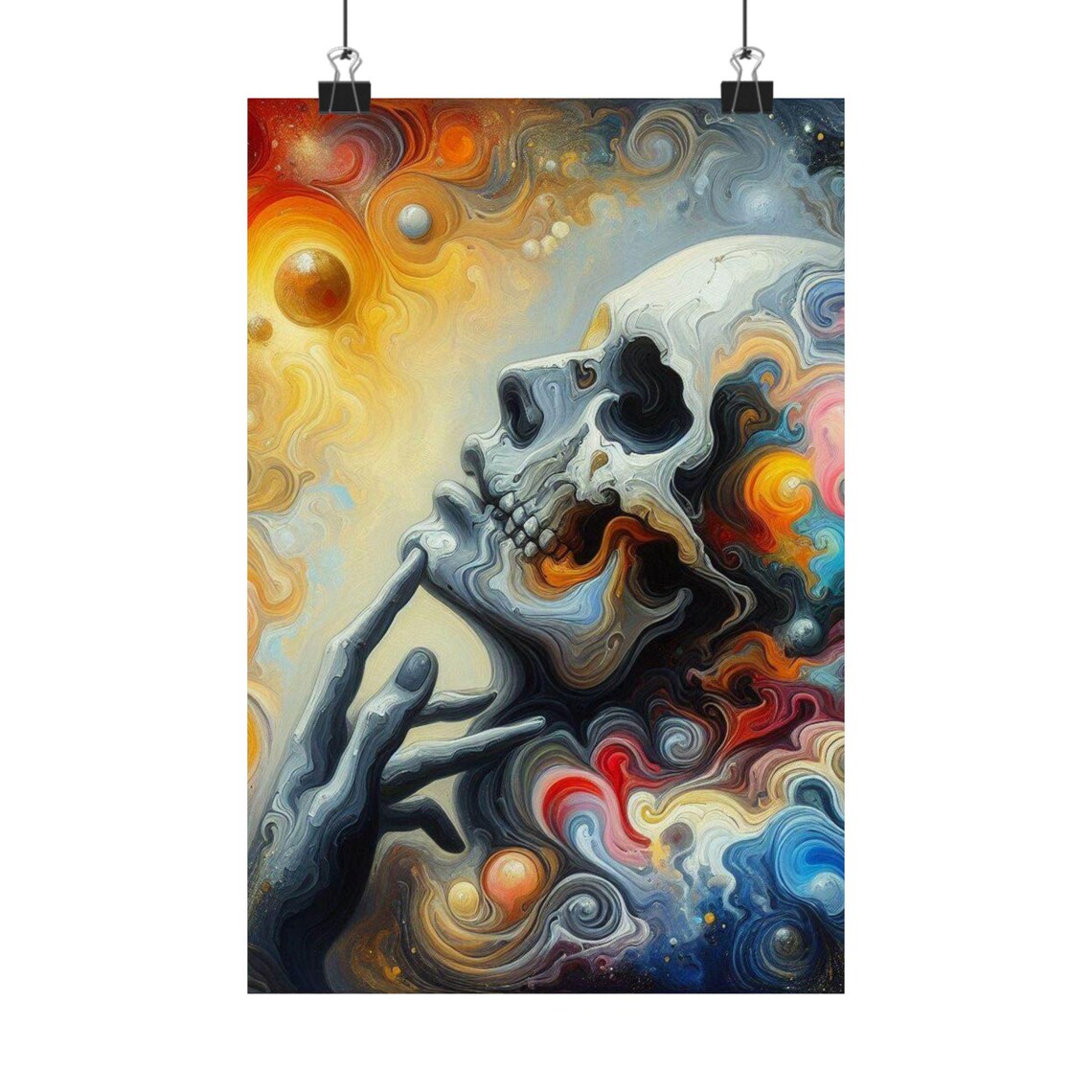 Surreal Melting Marble Skull in Dreamlike Colorful Swirls Poster