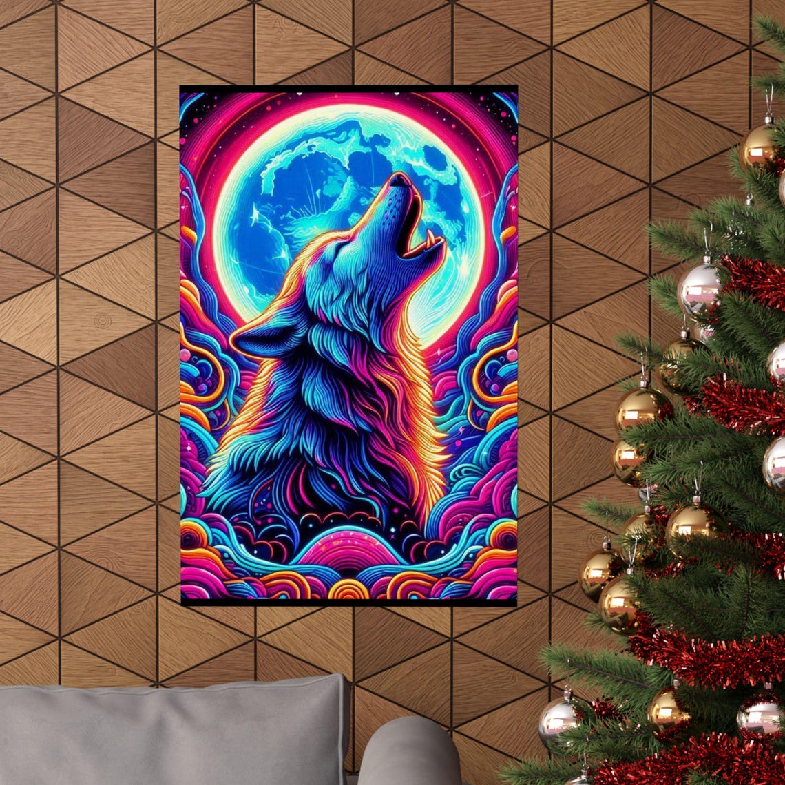 Psychedelic Howling Wolf Beneath a Glowing Full Moon Art Poster - Image 6