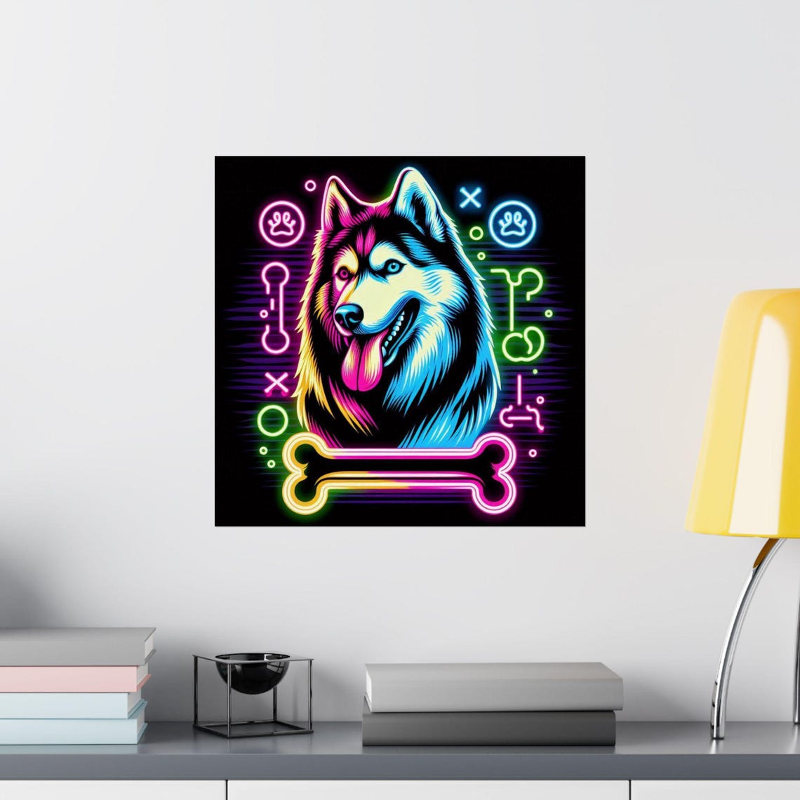 Smiling Husky Dog Face Glowing in Neon Colors on Black Poster - Image 2