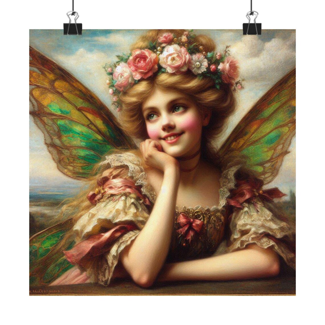 Vintage Style Fairy Portrait with Rose Crown and Butterfly Wings Poster - Image 7