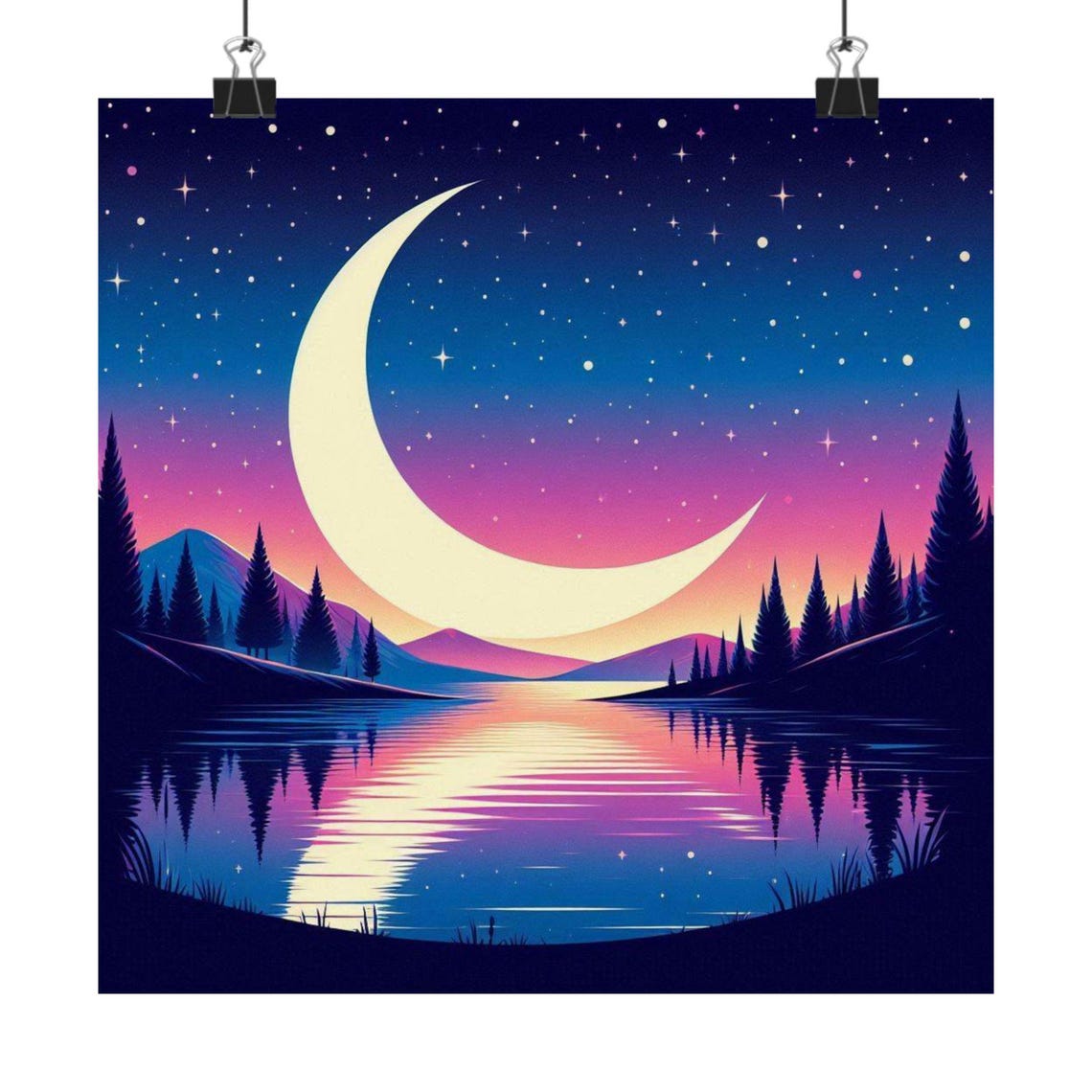 Giant Crescent Moon Rising Over a Still Mountain Lake Poster