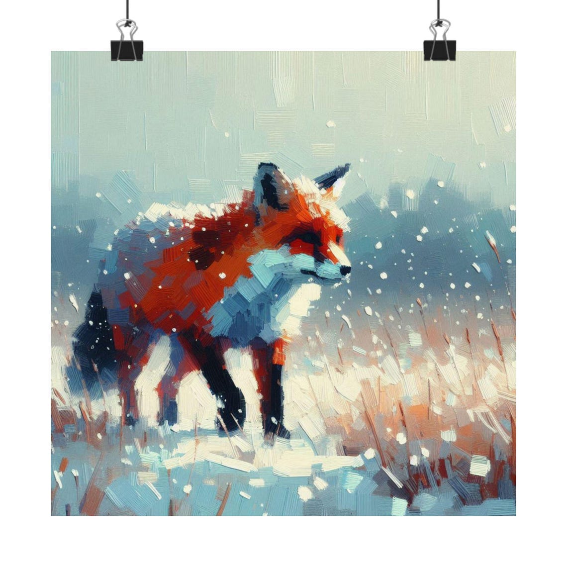 Red Fox Walking Through Falling Snow in a Winter Forest Poster - Image 7