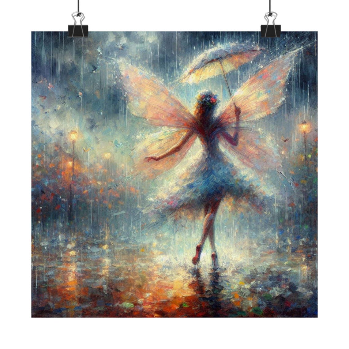 Fairy Dancing in Rain Twirling Umbrella Night Fantasy Art Poster