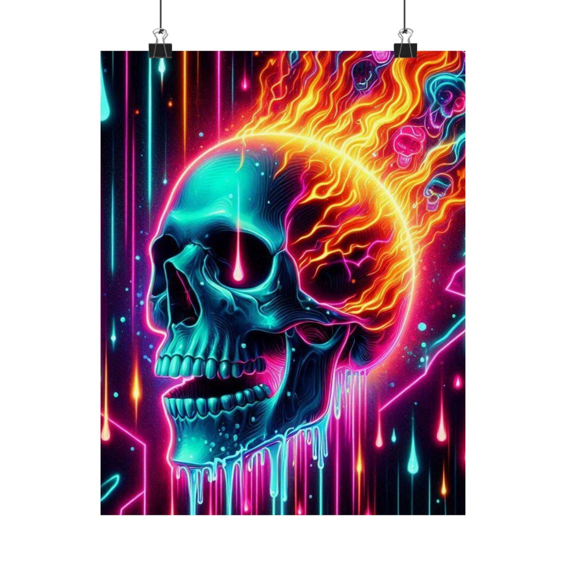 Neon Flaming Skull with Melting Drips on Dark Background Poster - Image 7