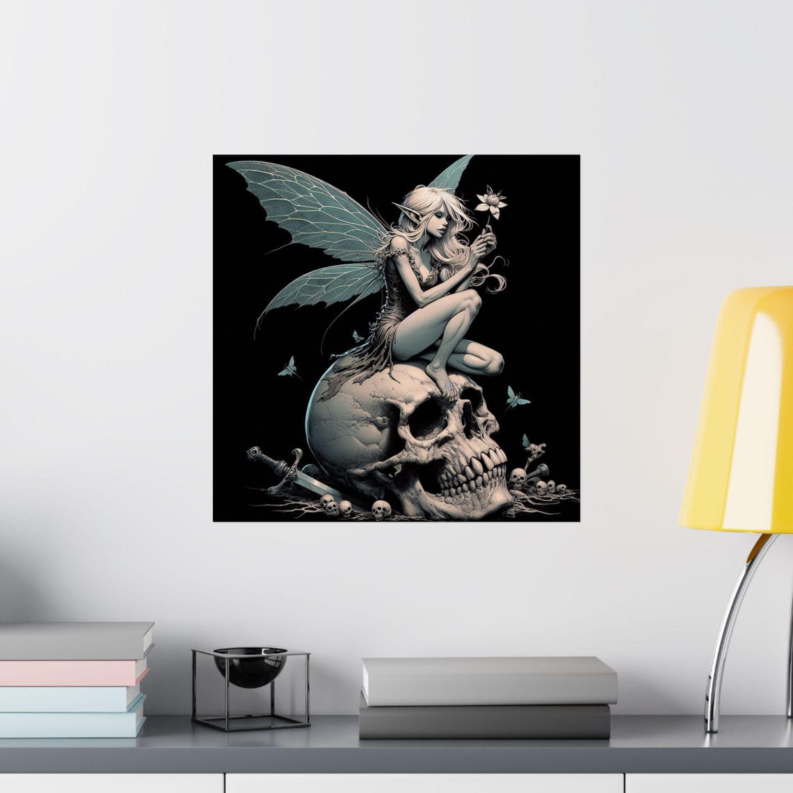 Gothic Fairy Sitting on a Skull in Dark Monochrome Art Poster - Image 2