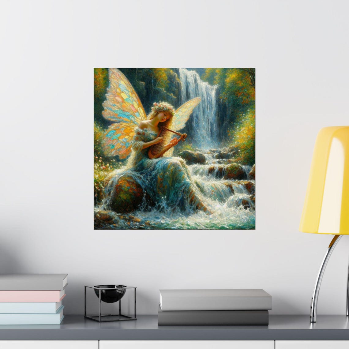 Fairy Playing Golden Harp by Waterfall in Forest Fantasy Art Poster - Image 2