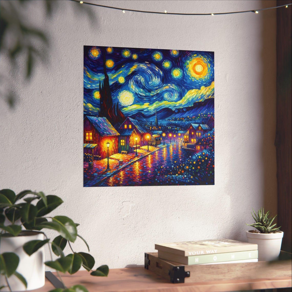 Starry Night Village Glowing Under a Swirling Sky Art Poster - Image 4