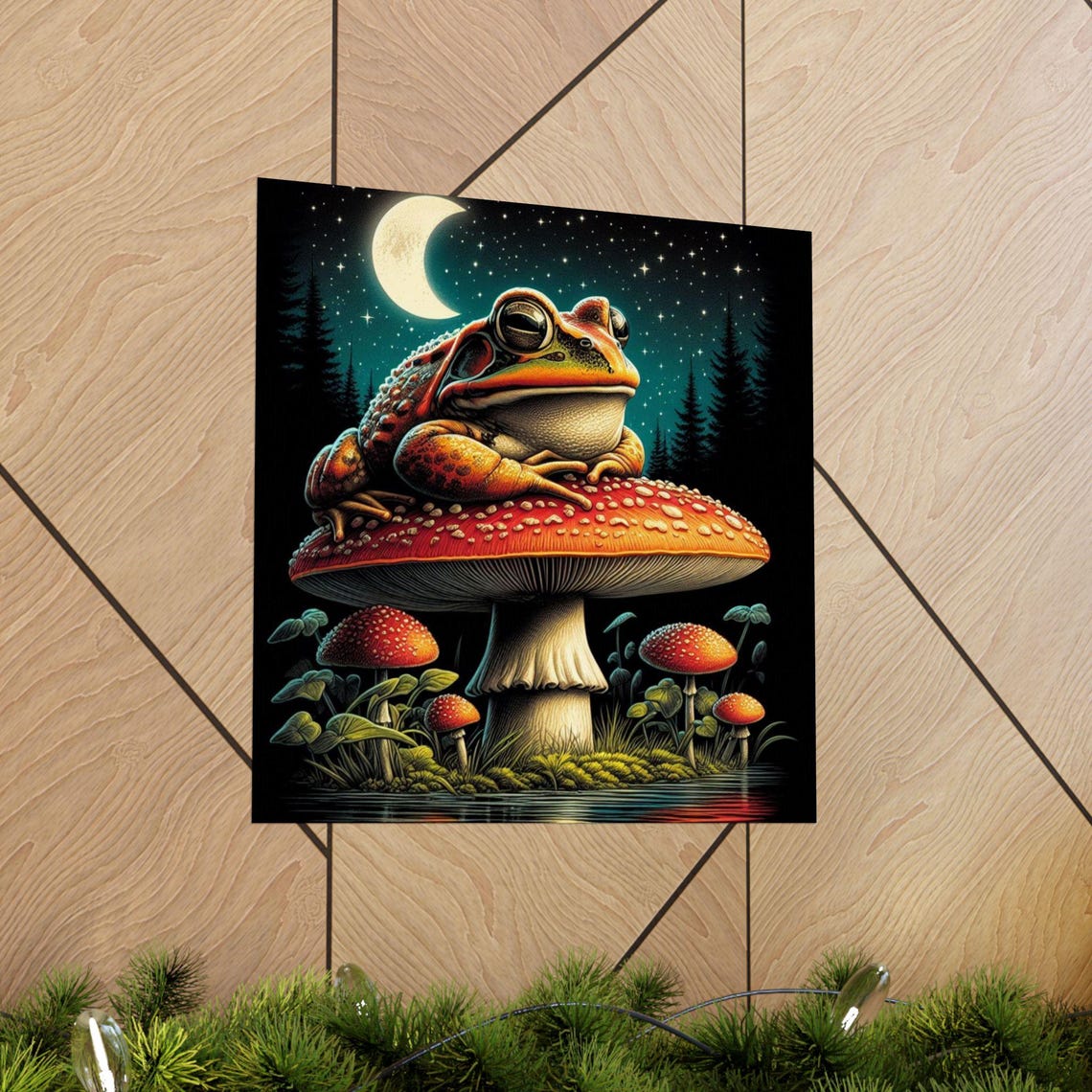 Plump Frog Lounging on a Giant Mushroom Under the Night Moon Poster - Image 5
