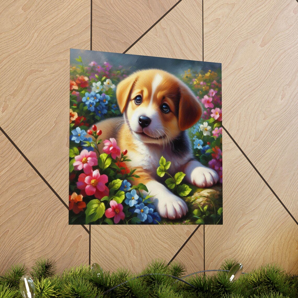 Adorable Puppy Lying among Colorful Garden Flowers Cute Dog Poster - Image 5