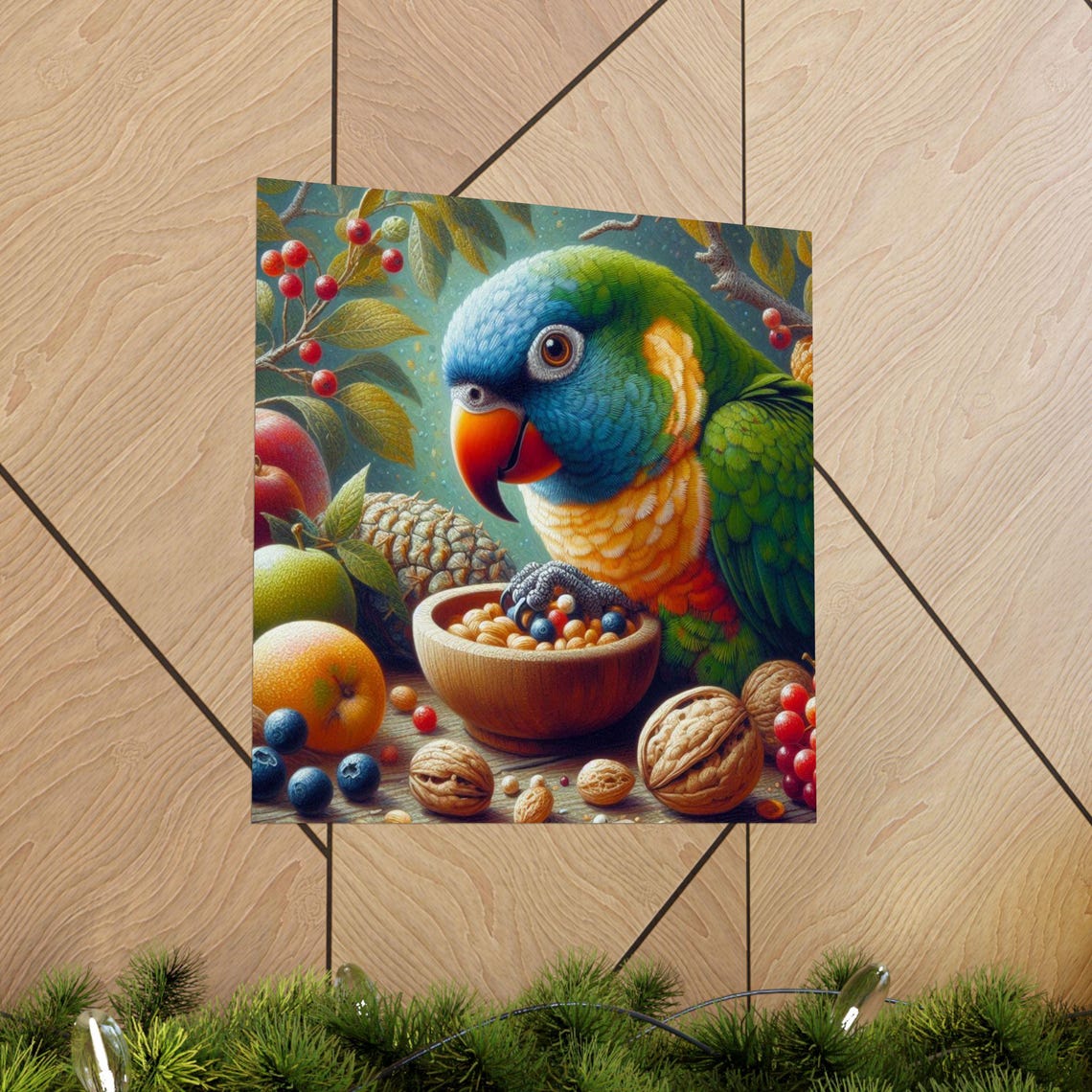 Colorful Parrot Eating Fruit from Bowl Whimsical Bird Art Poster - Image 5