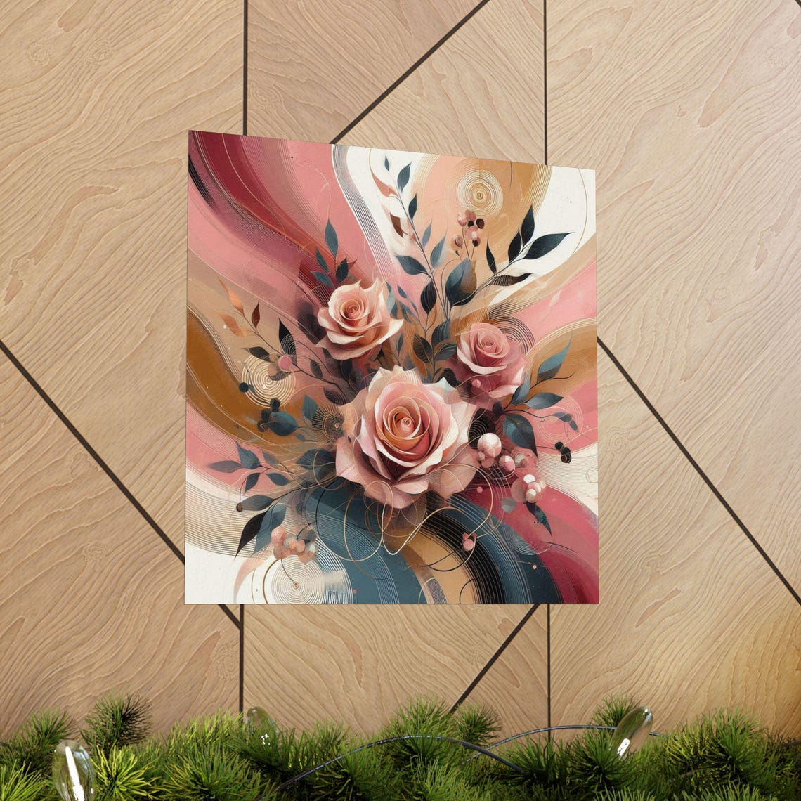 Blush Pink Roses with Flowing Abstract Swirls Botanical Art Poster - Image 5
