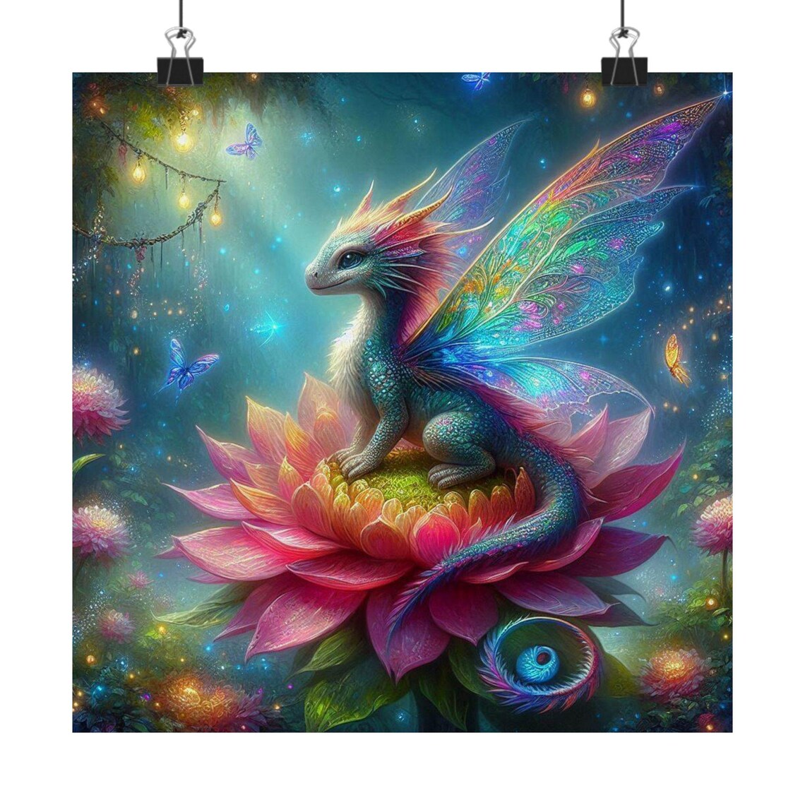 Baby Fairy Dragon Perched on a Pink Lotus Flower Bloom Poster - Image 7