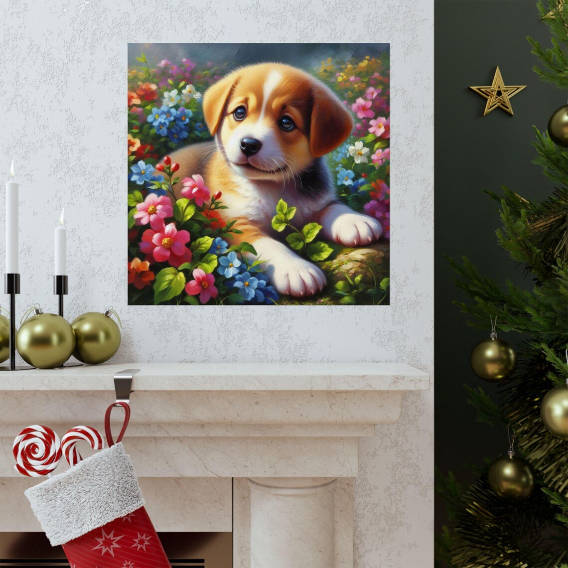 Adorable Puppy Lying among Colorful Garden Flowers Cute Dog Poster - Image 3
