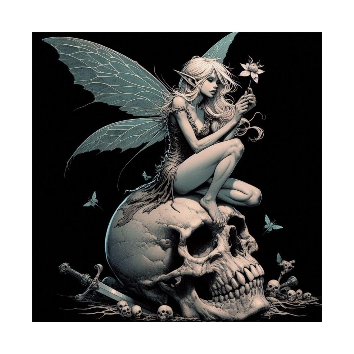 Gothic Fairy Sitting on a Skull in Dark Monochrome Art Poster - Image 7