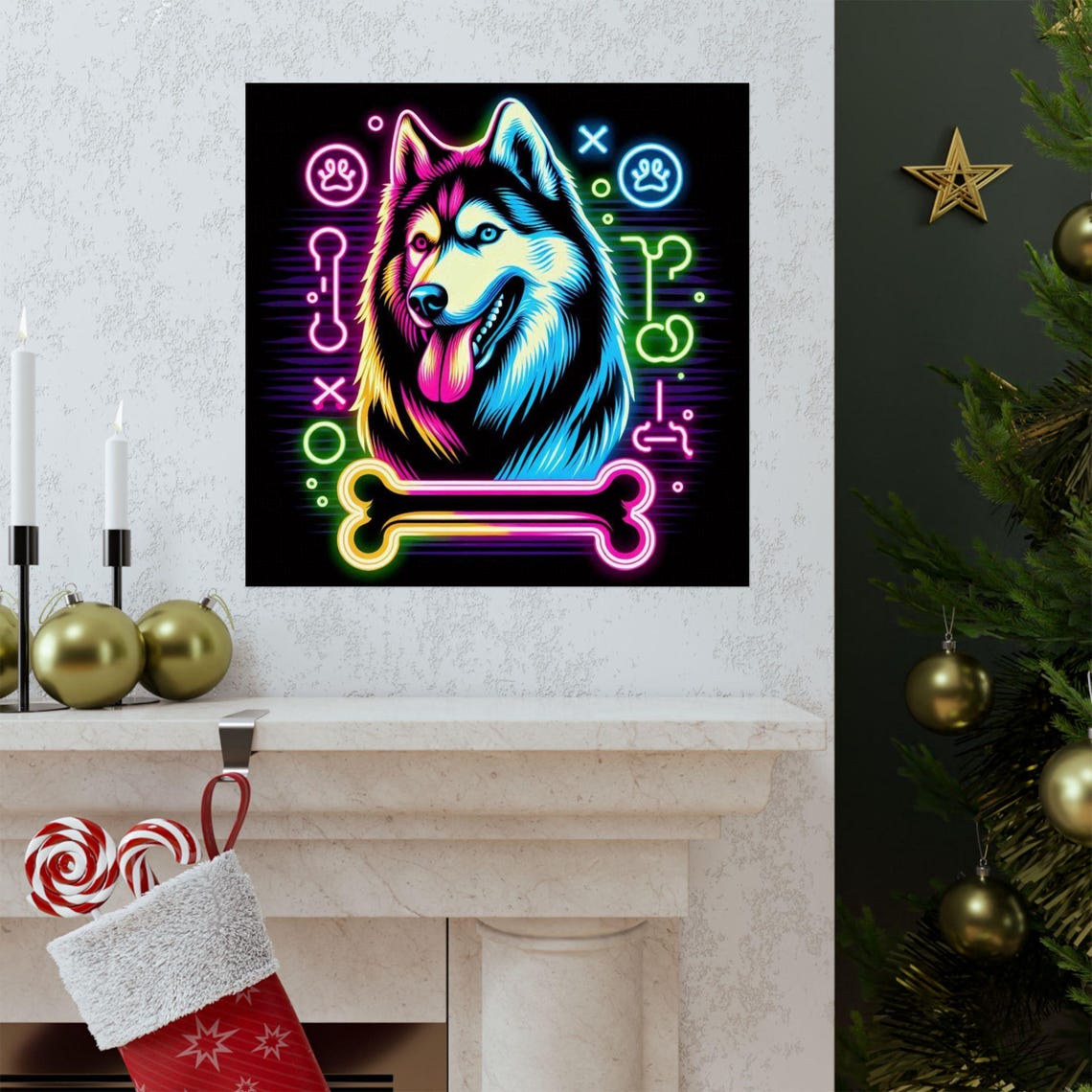 Smiling Husky Dog Face Glowing in Neon Colors on Black Poster - Image 3