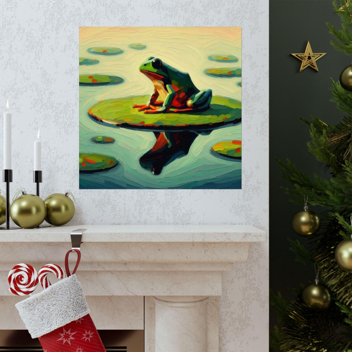 Serene Green Frog Resting on a Lily Pad in a Quiet Pond Poster - Image 3